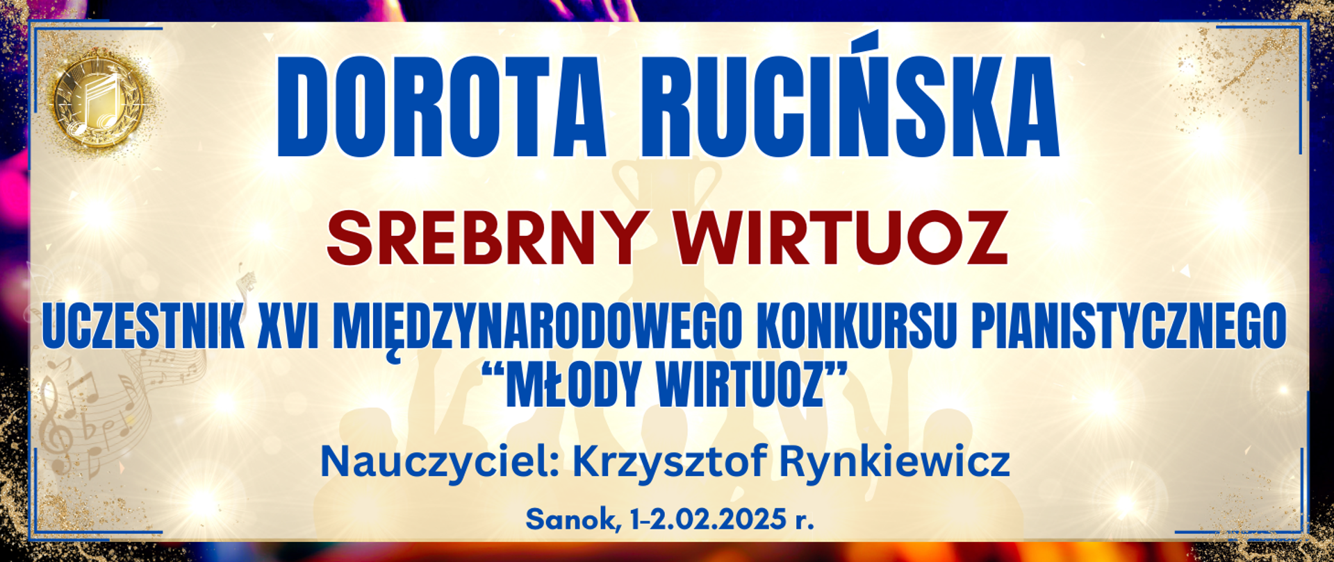 baner z ciemną kolorową ramką, jasne tło w środku z informacją o wyróżnieniu