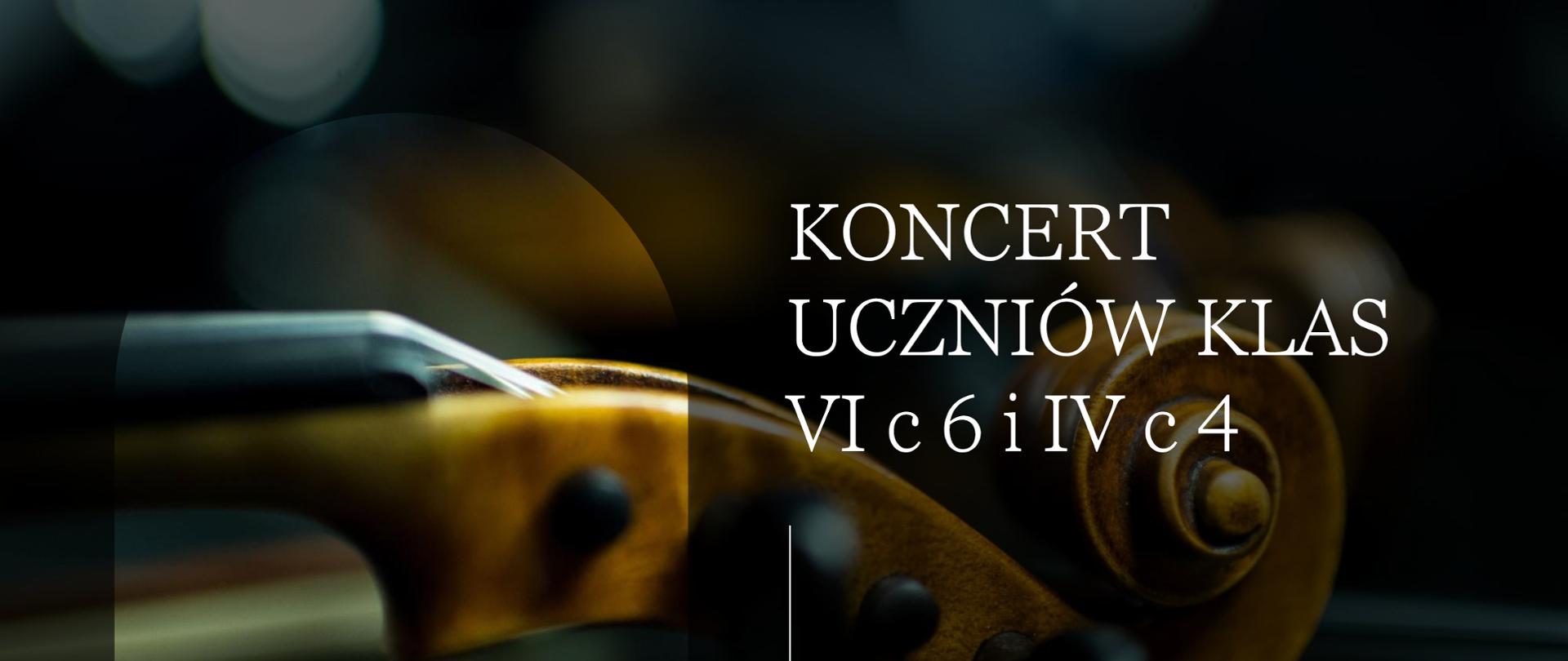 Plakat przedstawia główkę skrzypiec w kolorze jasnobrązowym na ciemnym tle