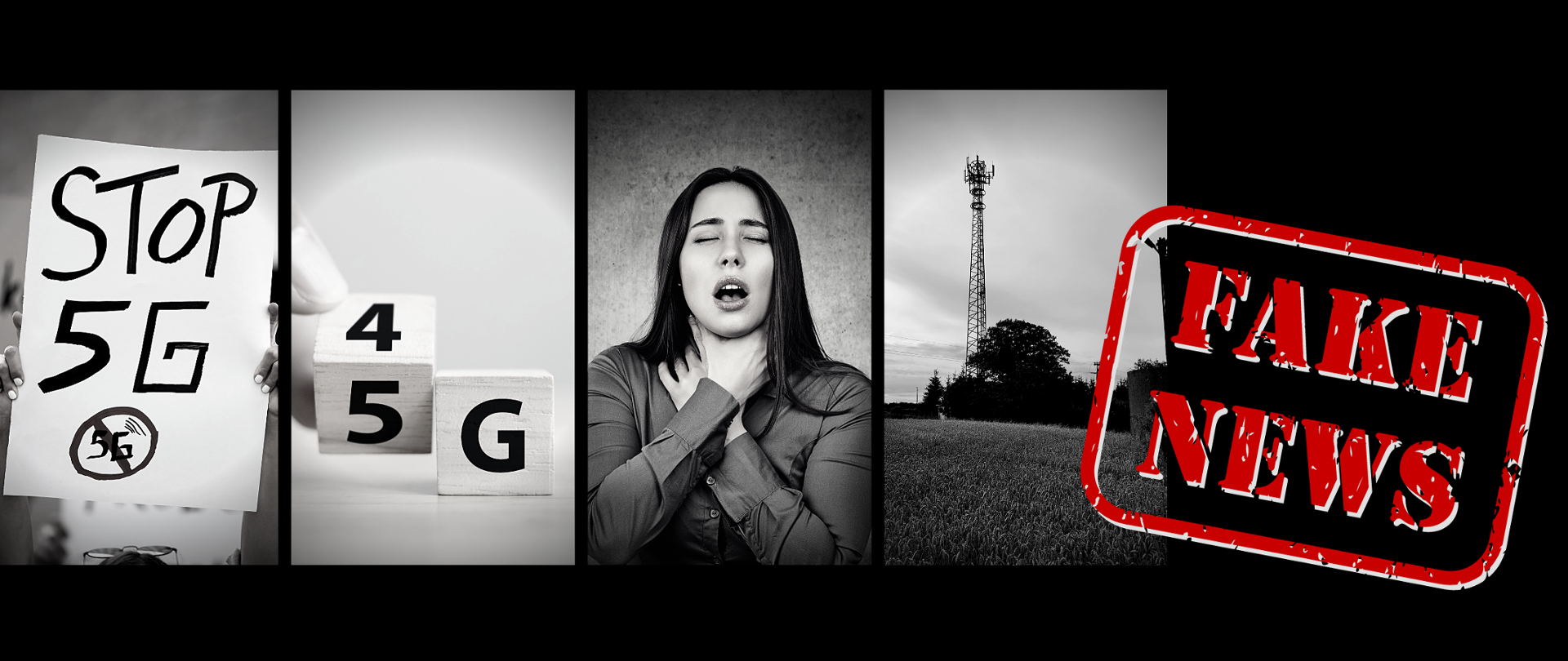 Grafika składająca się z czterech zdjęć: napisu Stop 5G, napisu 5G, dusząca się kobieta, maszt telekomunikacyjny oraz napisu Fake News