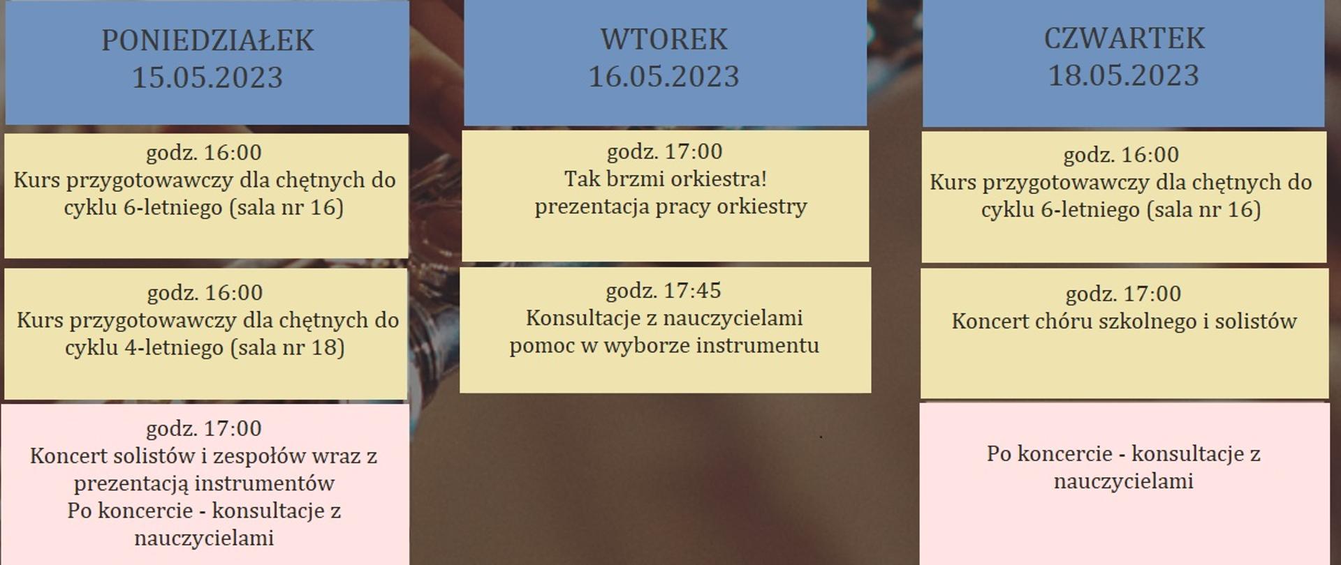 Grafika przedstawia terminarz dni otwartych w formie kolorowych tabel z podaniem daty oraz godziny danego wydarzenia