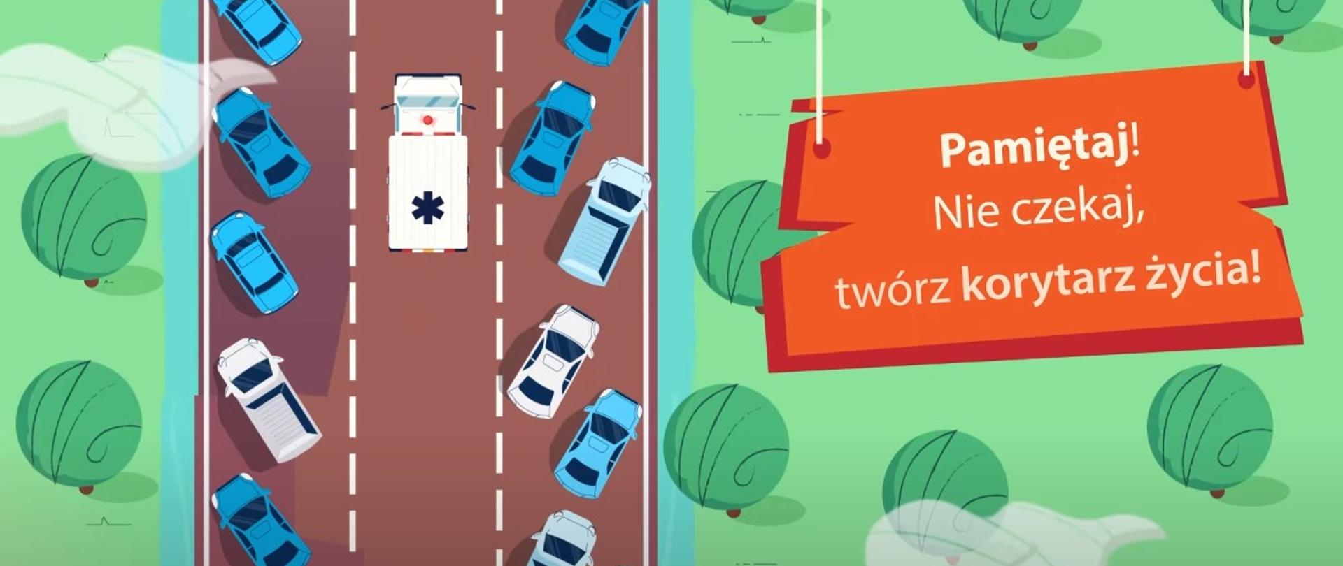 Infografika na której widać jak pojazd uprzywilejowany jedzie korytarzem życia utworzonym przez inne pojazdy