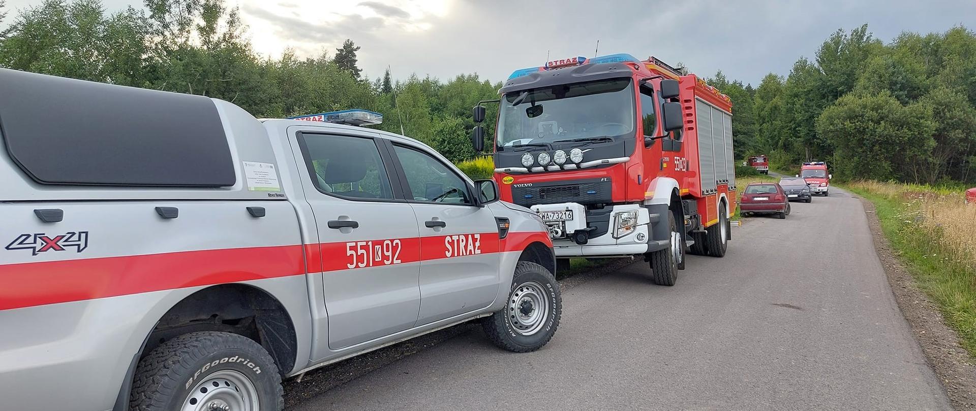 Widok z boku. Pojazdy gaśnicze stojące na poboczu wąskiej drogi w miejscu poszukiwań. 