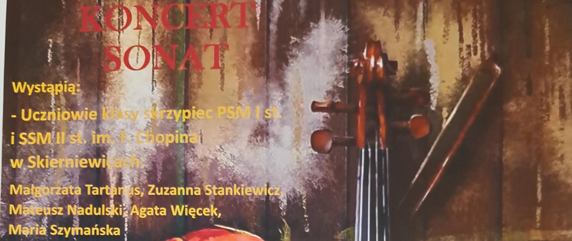 Plakat przedstawia klawiaturę i wiolonczelę na brązowym tle.