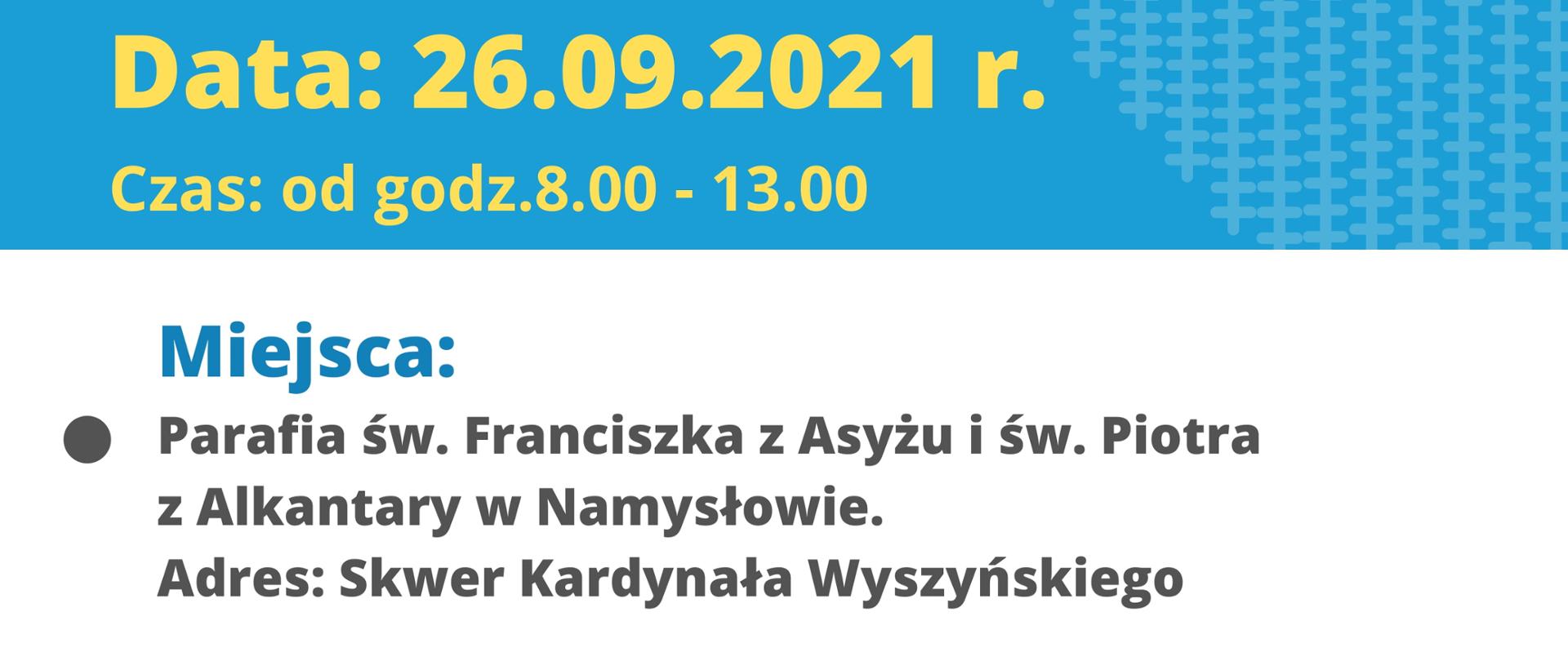 Plakat informujący o akcji szczepień w pow. namysłowskim. Grafika na niebieskim tle. W środkowej części grafiki znajduje się szeroki, biały pasek, w którym zawarto informacje o miejscu i czasie akcji szczepień. Powyżej, na błękitnym tle data wydarzenia. Na dole plakatu adres strony internetowej dot. Narodowego Programu Szczepień. W prawym dolnym rogu znajduje się podobizna sylwetki strażaka.