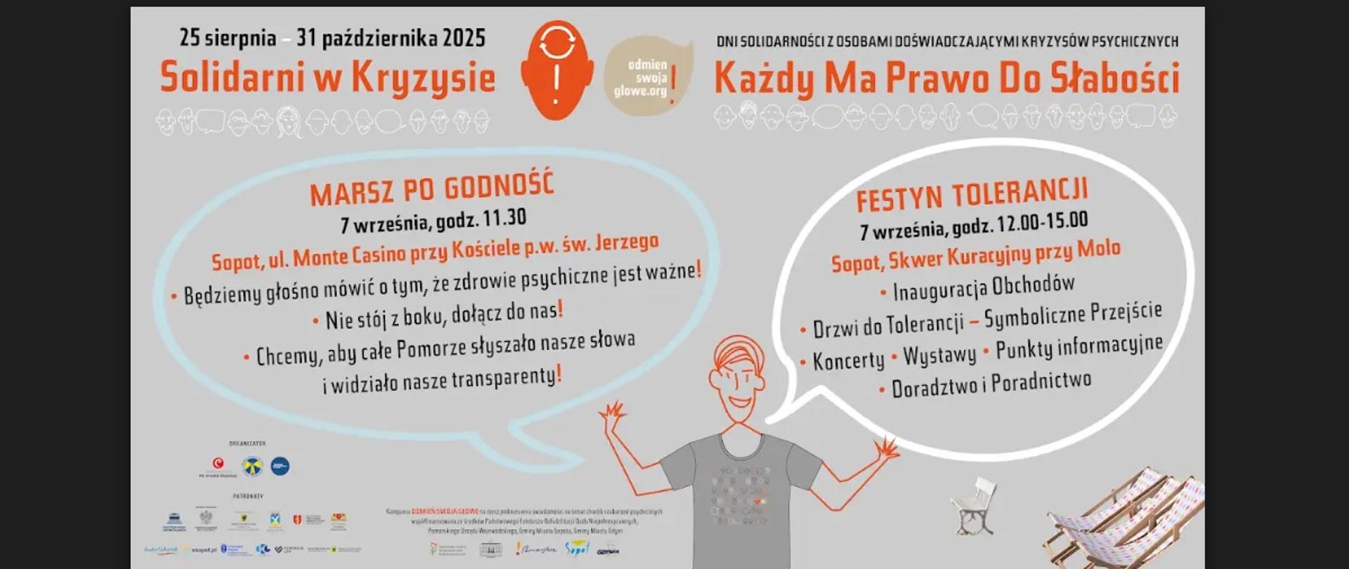 grafika z człowiekiem wskazującym na chmury z napisami Solidarni w kryzysie, Każdy ma prawo do słabości