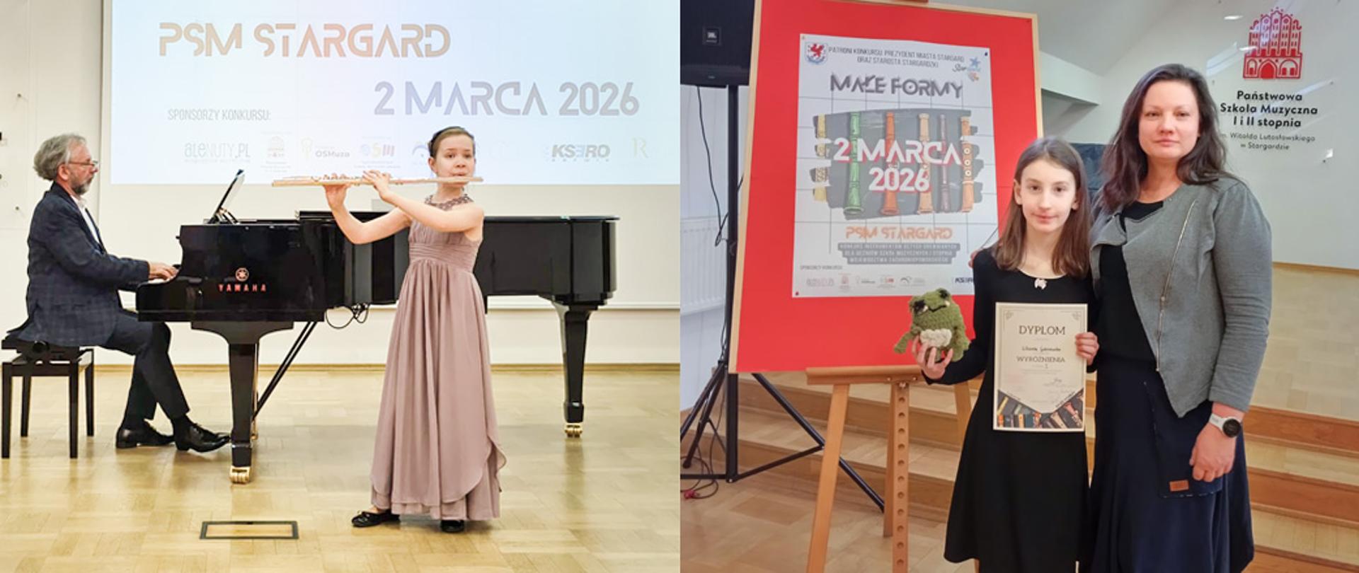 Uczennica gra na flecie, akompaniuje nauczyciel przy fortepianie. Drugie zdjęcie przedstawia uczennicę z dyplomem i nauczycielkę na tle sztalugi z banerem.