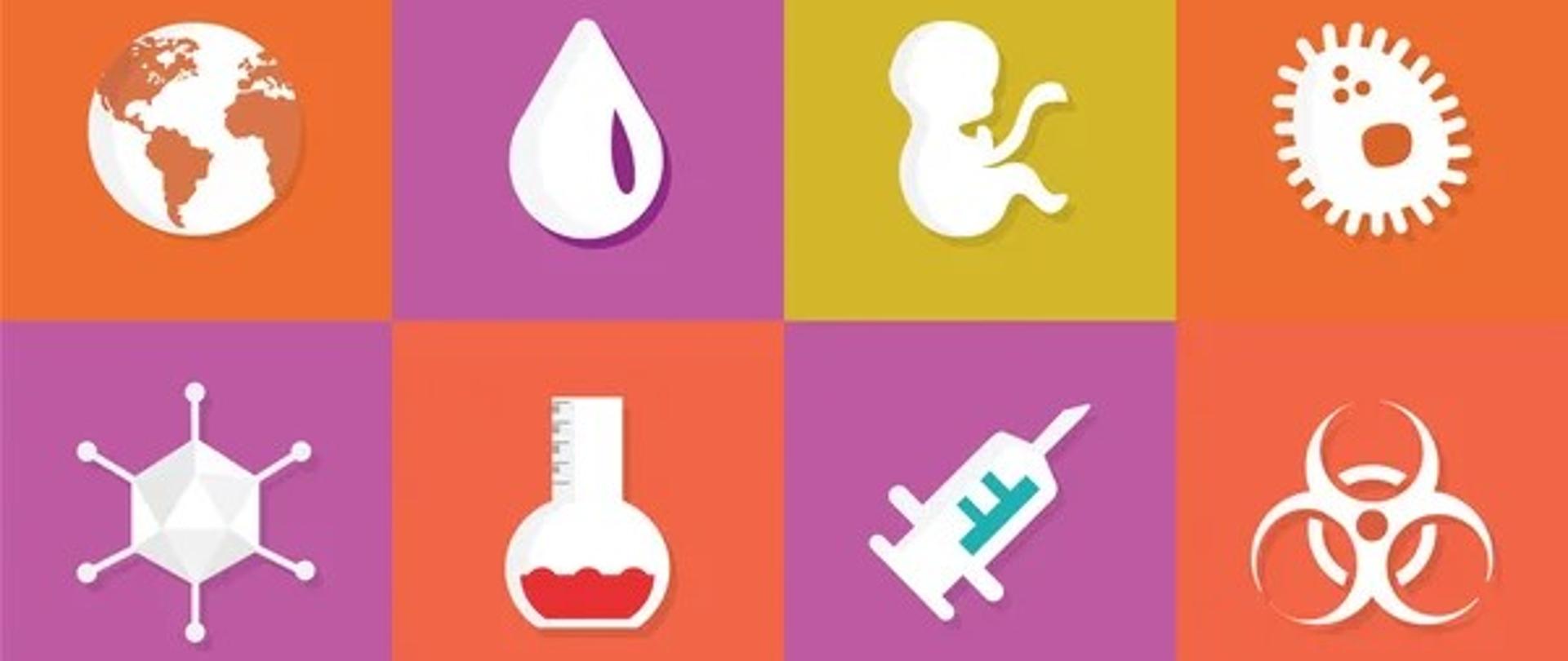 Na kwadratach w kolorze fioletowym, pomarańczowym oraz zielonym znajdują się: strzykawka, noworodek, wirus, kropla, kalendarz.