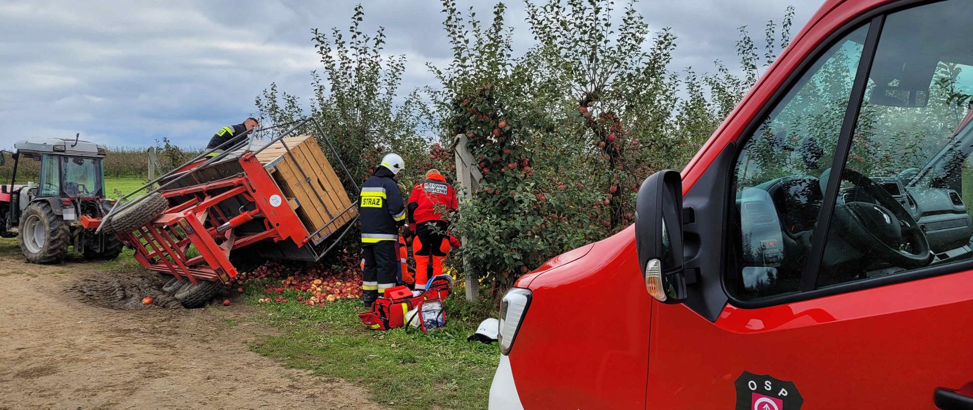 Zdjęcie przedstawia działania na miejscu zdarzenia, udzielanie pomocy osobom poszkodowanym i prace mające na celu zabezpieczenie terenu akcji