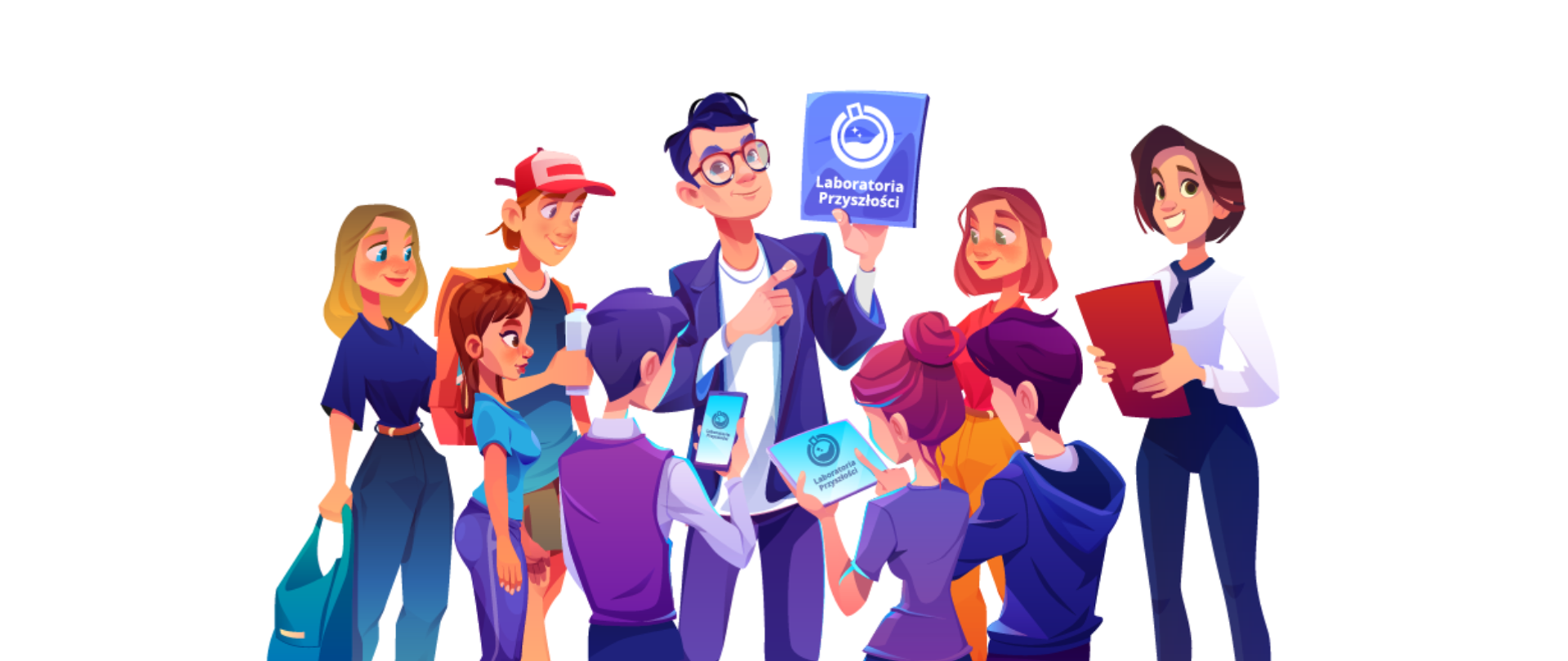  Grupa osób trzymająca rzeczy z logotypem Laboratoriów Przyszłości.