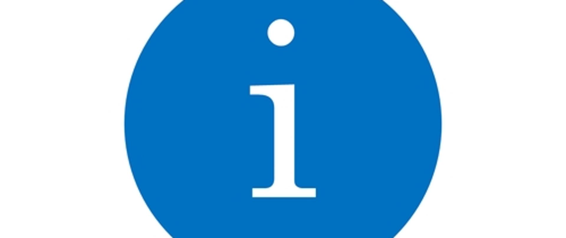 biała litera "i" w kole, na niebieskim tle 