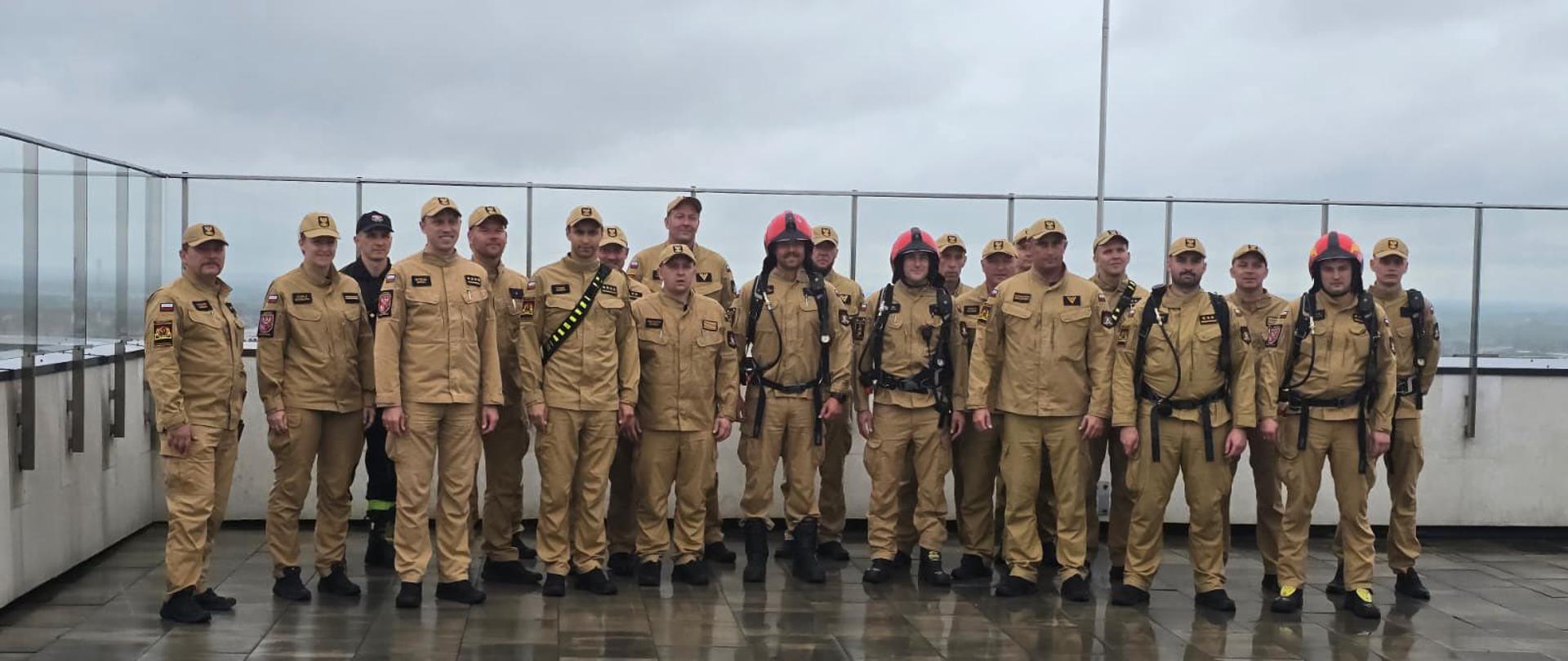 Strażacy stoją na dachu wieżowca w mundurach. W Tle widoczna panorama miasta.