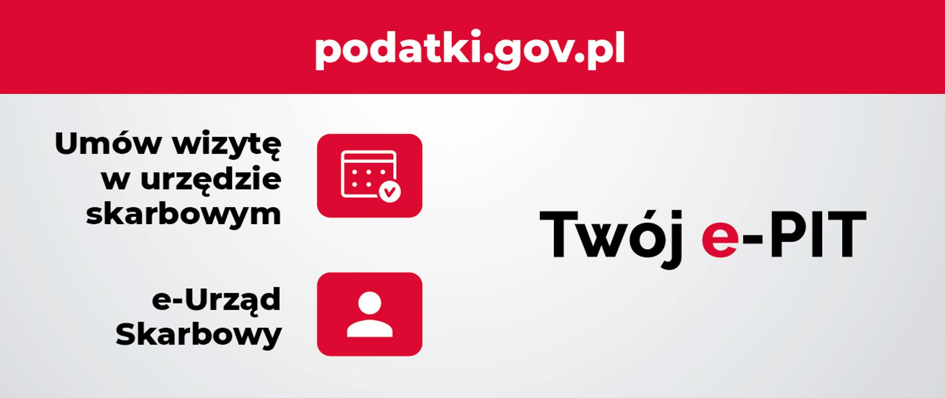 Grafika z symbolem kalendarza i osoby, adresem strony podatki.gov.pl, napisem Umów wizytę w urzędzie skarbowym.