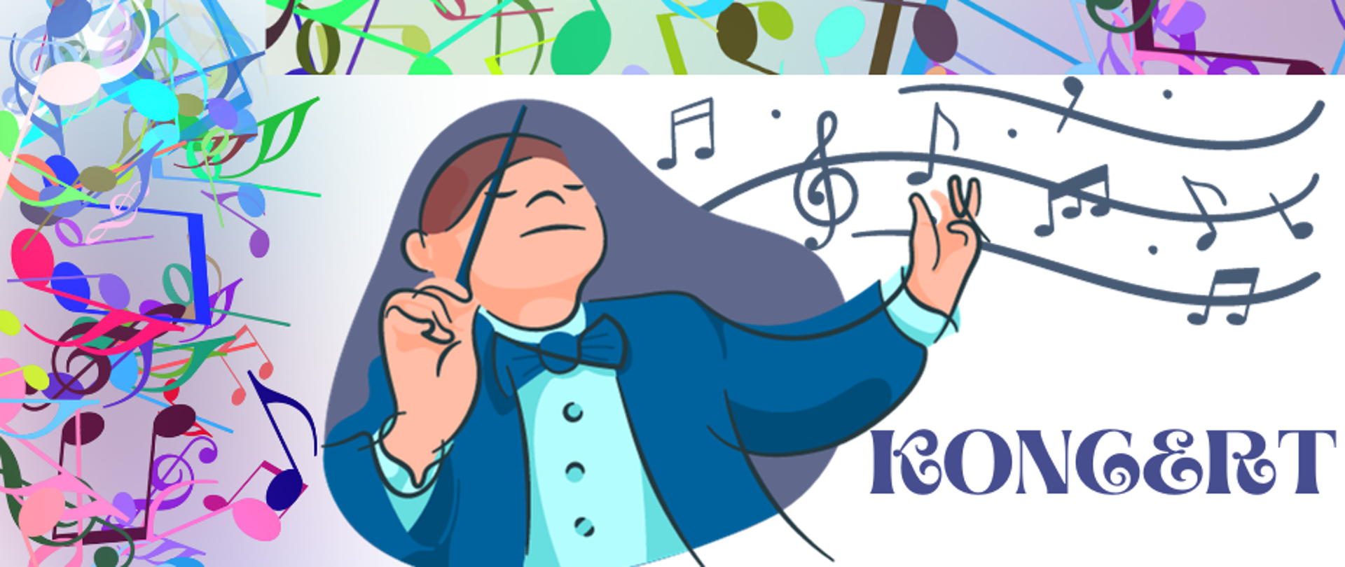 Plakat informujący o wydarzeniu: Koncert "Międzynarodowy Dzień Muzyki" 3 października 2023 r. o godz. 17.00 w Filharmonii Dolnośląskiej w Jeleniej Górze, w sali koncertowej im. L.Różyckiego, bilety w cenie 20 zł. Kolorystyka plakatu: białe tło, szlaczek z kolorowych nut na lewej i górnej krawędzi. W dolnej części nieregularny fioletowy kształt. W części górnej rysunek postaci dyrygenta oraz część pięciolinii. Napisy informujące o wydarzeniu w kolorze ciemnego granatu. 