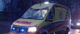 Ambulans stoi na drodze ma rozbity przód i wybitą szybę. Za nim stoi radiowóz policyjny . Pora nocna. 