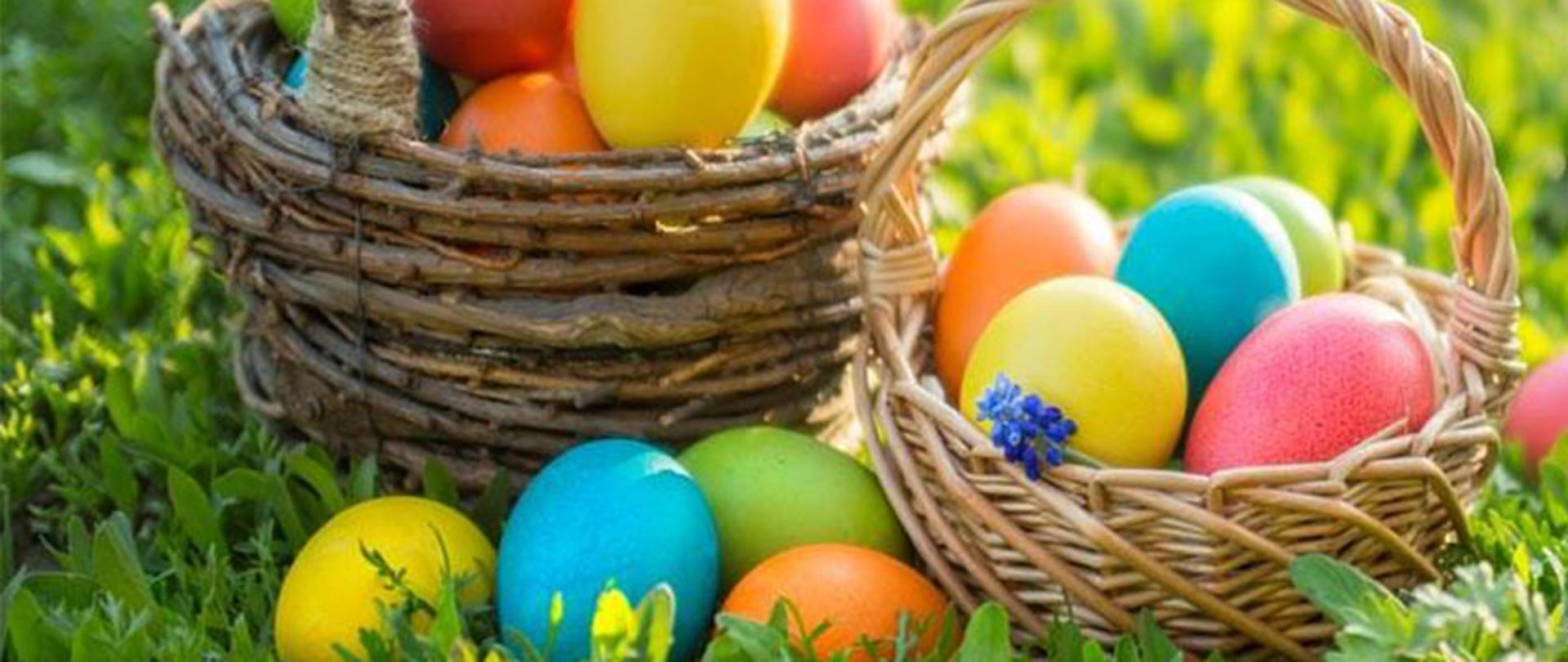 Widać dwa koszyki z kolorowymi pisankami na zielonej trawie