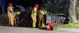 Po lewej stronie widoczne drzewo, w które wbity jest samochód osobowy. Przy rozbitym aucie stoją strażacy ubranie w żółte ubrania specjalne, obok leży czerwona torba medyczna. Dwóch strażaków zagląda do auta przez przez przednia drzwi pasażera