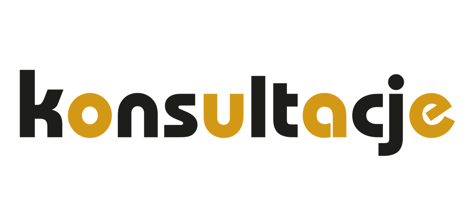 Grafika na białym tle napis konsultacje z czarnymi spółgłoskami i żółtymi samogłoskami