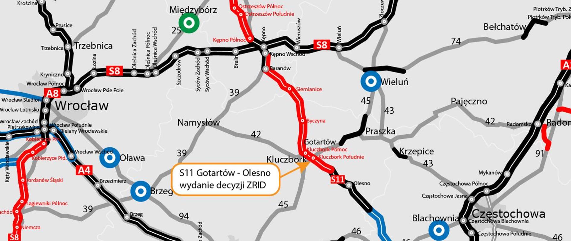 Mapa prezentująca lokalizacje odcinka S11 Gotartów - Olesno