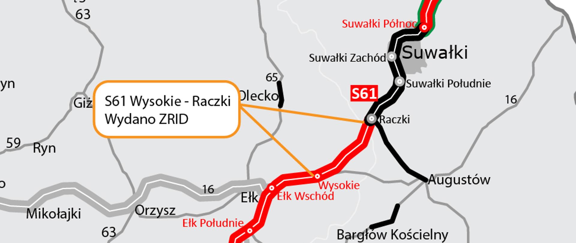 Mapa S61 Wysokie - Raczki