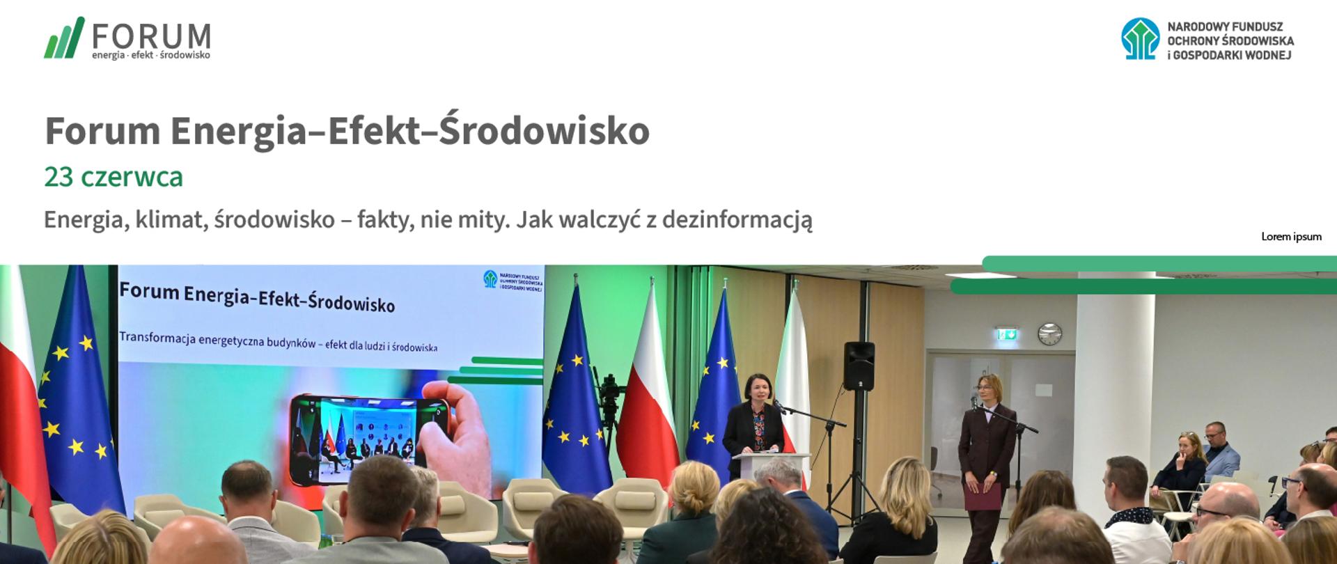 Grafika ilustracyjna. Forum Energia Efekt Środowisko, 23 czerwca. Jak walczyć z dezinformacją. Fakty, nie mity.