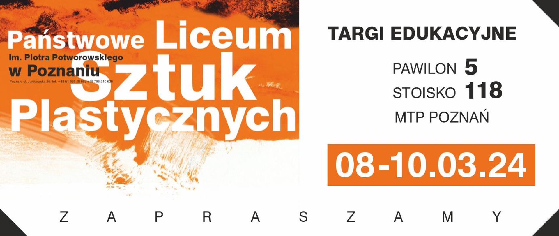 Grafika z motywem pomarańczowym i czarnym z informacją o targach edukacyjnych w dniach 8-10.03.2024