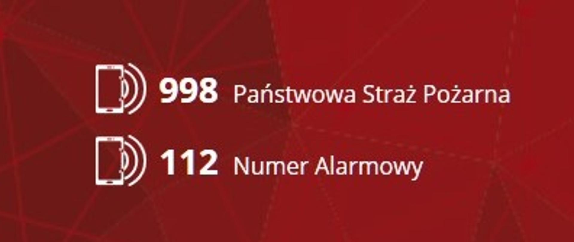 Logo PSP oraz numery telefonów ratunkowych 998 i 112 koloru białego na czerwonym tle