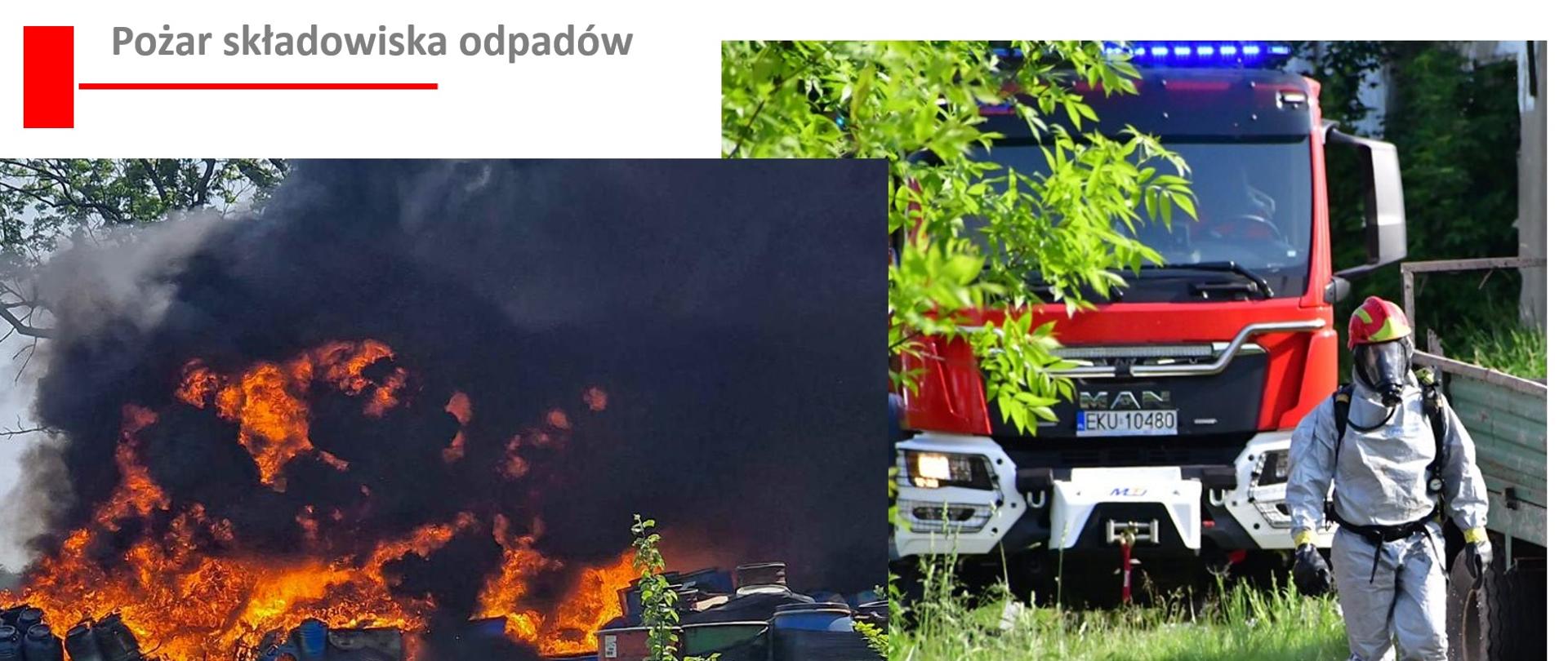 Na zdjęciach bardzo duży ogień i zadymienie. Palą się pojemniki z substancją łatwopalną. Strażak rozwija linie gaśniczą. Na zdjęciu z prawej samochód gaśniczy w tle i idący strażak ubrany w kombinezon przeciw ochlapaniowy z aparatem ODO na plecach i czerwonym hełmie.