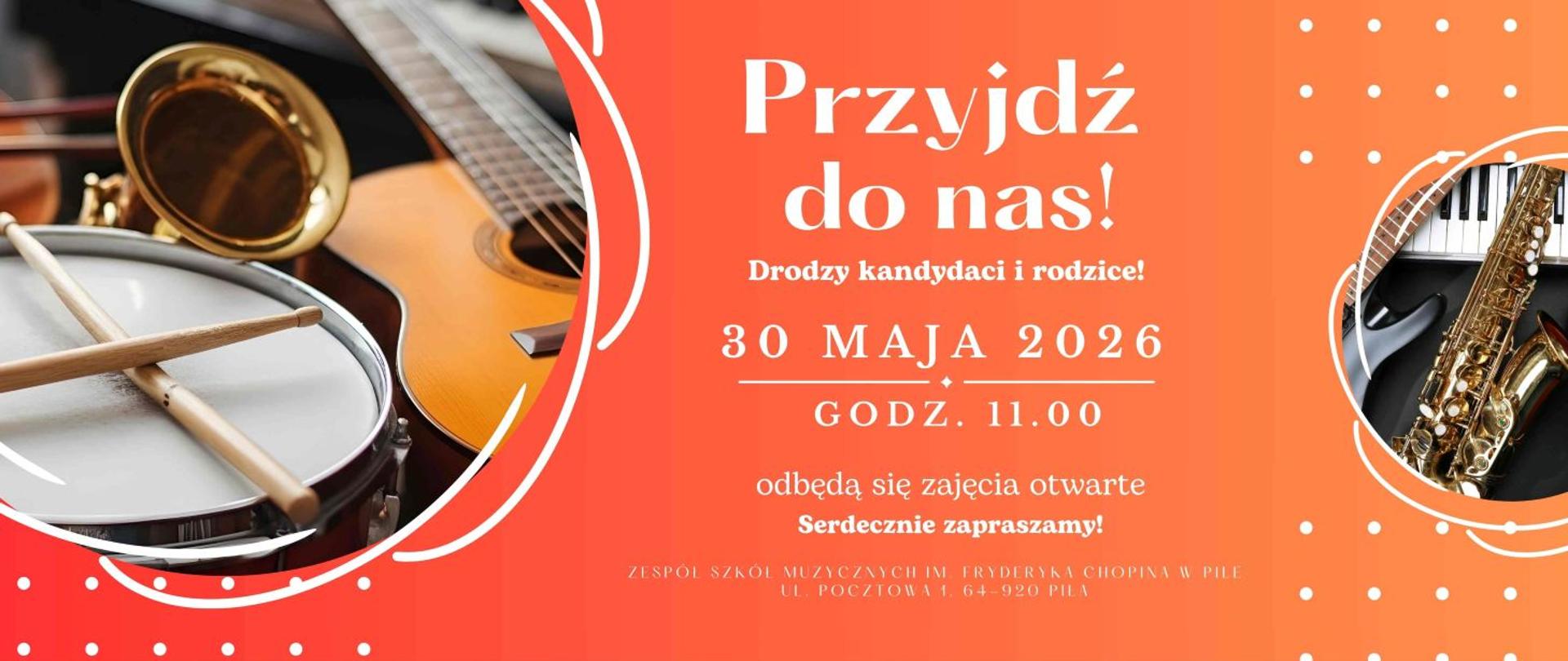 Na pomarańczowym tle zdjęcia dzieci grających na instrumentach muzyczych - obok informacja o rekrutacji na rok szkolny 2026/2027 do szkoły muzycznej w Pile.