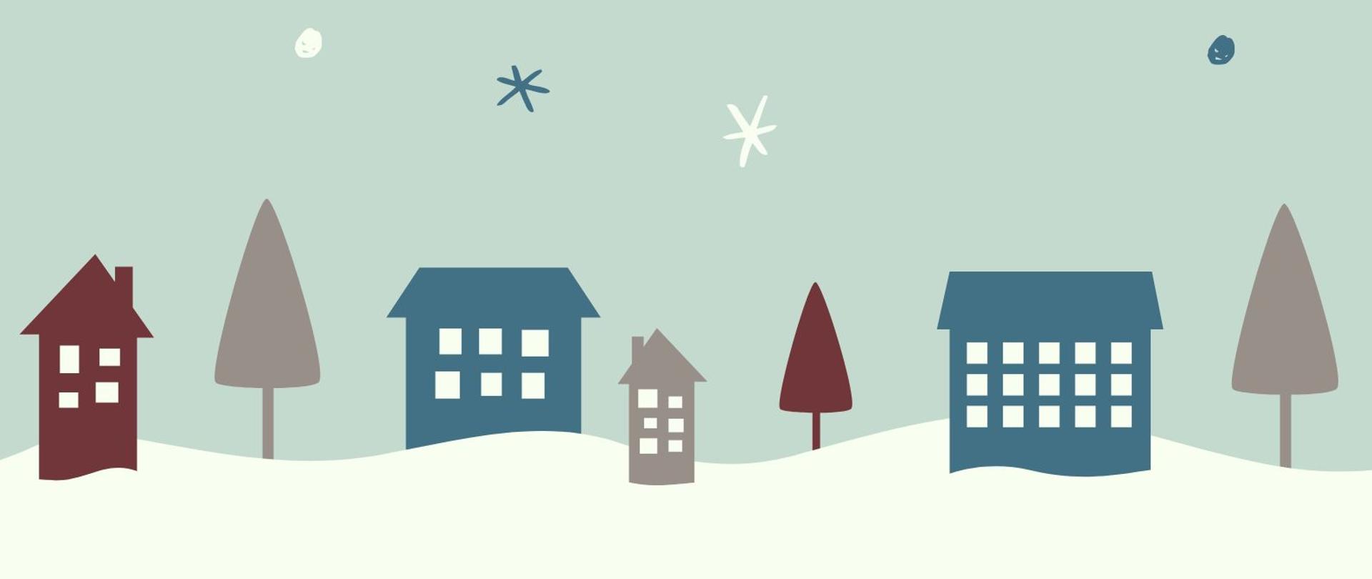 plakat na tle szarozielonego nieba z płatkami śniegu napisy w kolorze bordowym i niebieskim z nazwą koncertu, programem i terminem, na dole zarys domków i choinek na śniegu