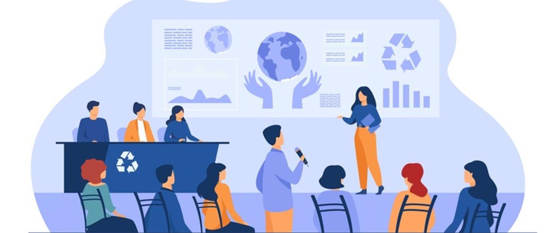 Kolorowy obrazek. Trzy osoby siedzą za biurkiem, jedna stoi na tle plakatu. Kilka osób siedzi na krzesłach, jedna stoi i mówi do mikrofonu. 