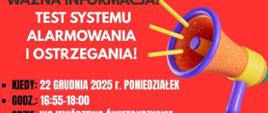 Na zdjęciu widoczna infografika o przeprowadzeniu testu systemu alarmowania i ostrzegania