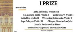 Dyplom białe tło z lewej strony pionowy pasek około 1/6 powierzchni przedstawiającej fotografie fragmentu złotej sali towarzystwo Muzycznego w Wiedniu od góry żadnymi literami napis czwarty International Gloria Artis competition Music vien 2024 diploma First Price Award to Zofia Zabłocka violin Solo Małgorzata Bojda wiolin one Zofia Celary wiolin one Julia koc fiorin 2 Weronika godkowska wiolin 2 Inga Gabriel wiolin 3 Olimpia litowińska chello Urszula Janiszewska Piano konduktor Małgorzata Sławińska pilarz section Six kategorie C jury profesor Patricia shich profesor Zdzisław Łapiński profesor Zdzisław Ślązak profesor Mirosław hanaczek profesor Martin obrona nieczytelne logo w kształcie kuli ziemskiej pośrodku napis Vienna 10 marca 2023 z prawej strony artistic director Jadwiga padias i podpis odręczny amen