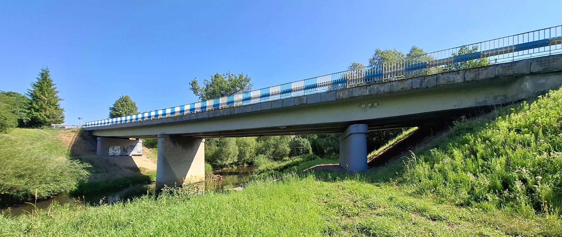 Widok z boku na most nad rzeką Wisłok. Widać uszkodzenia mostu, zły wygląd estetyczny, graffiti na podporze. Dookoła zieleń, trawy, świeci słońce.