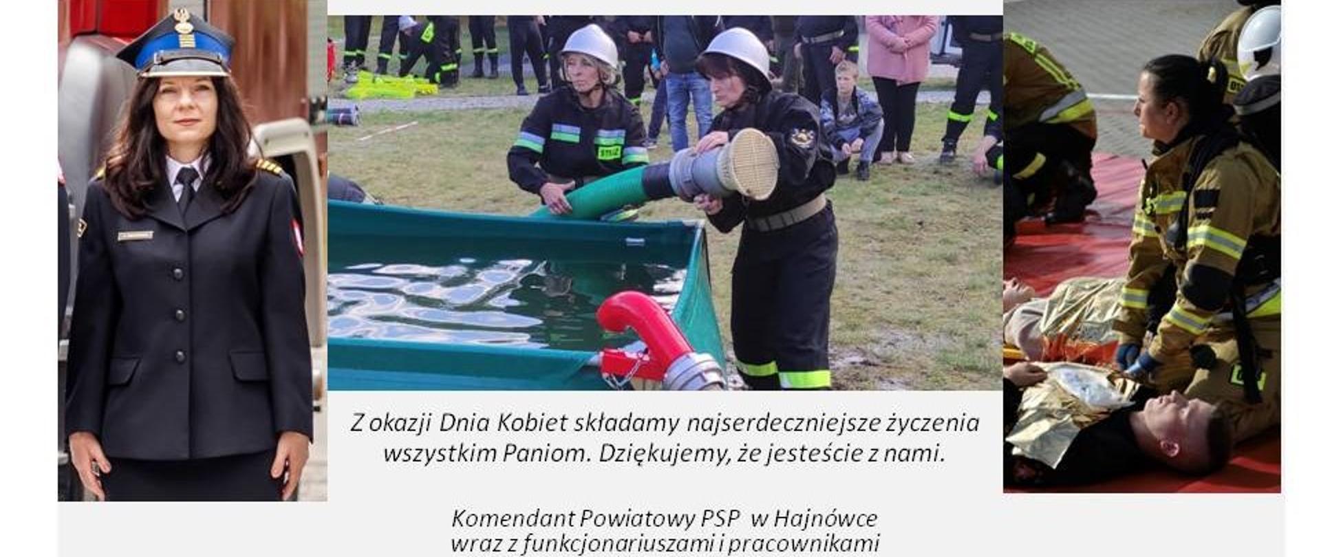 Zdjęcia funkcjonariuszek i druhen w mundurach u dołu napis Z okazji Dnia Kobiet składamy najserdeczniejsze życzenia wszystkim Paniom. Dziękujemy, że jesteście z nami. Komendant Powiatowy PSP w Hajnówce wraz z funkcjonariuszami i pracownikami
