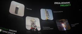 Widok na czarną wygiętą ścianę z napisem Zrealizowane projekty i czterema zdjęciami rakiet i satelitów.