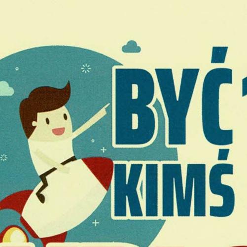 Być Kimś dyplom, Żółte tło a na nim chłopiec lecący na rakiecie pośród chmur