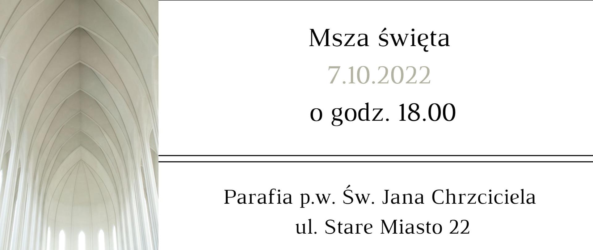 Plakat z datą, godziną i miejscem mszy jubileuszowej oraz ze zdjęciem sklepień kościelnych