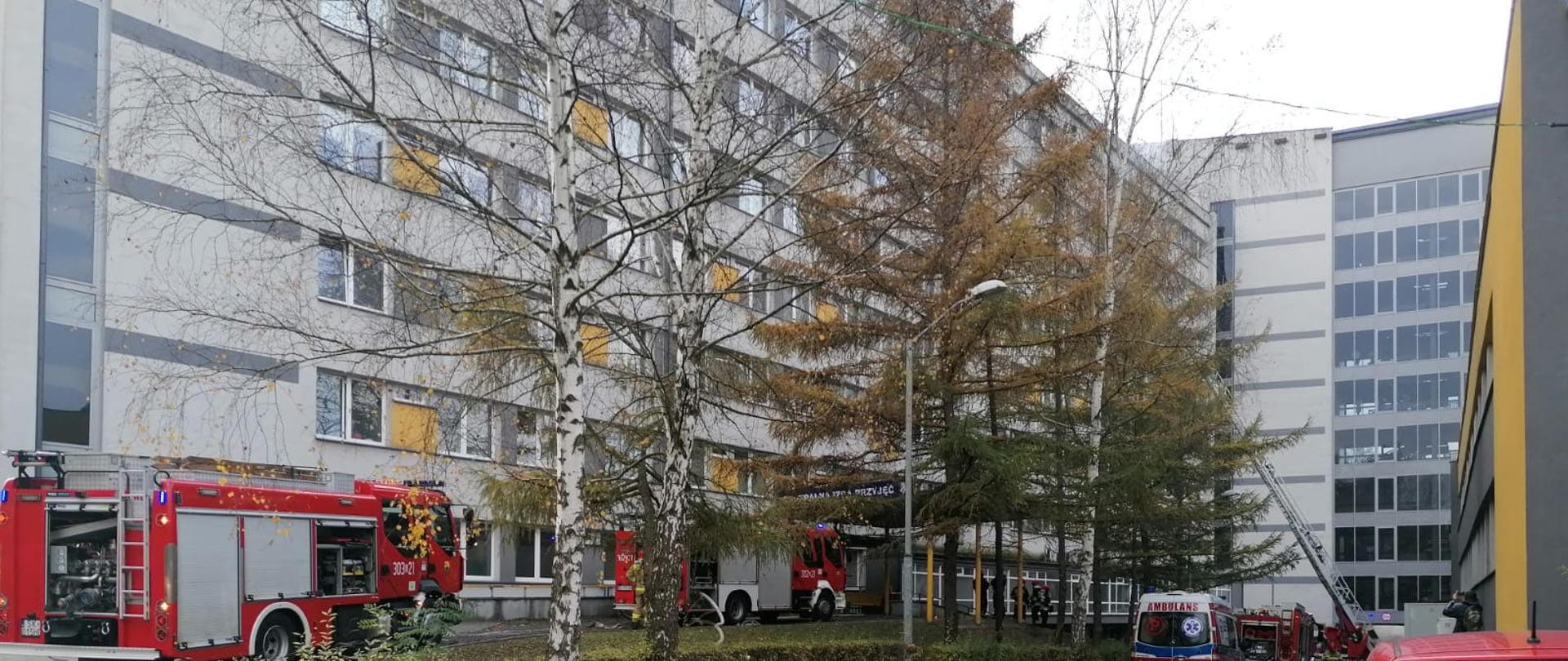 Pożar w Uniwersyteckim Centrum Klinicznym w Katowicach. Działania strażaków z zewnątrz obiektu.