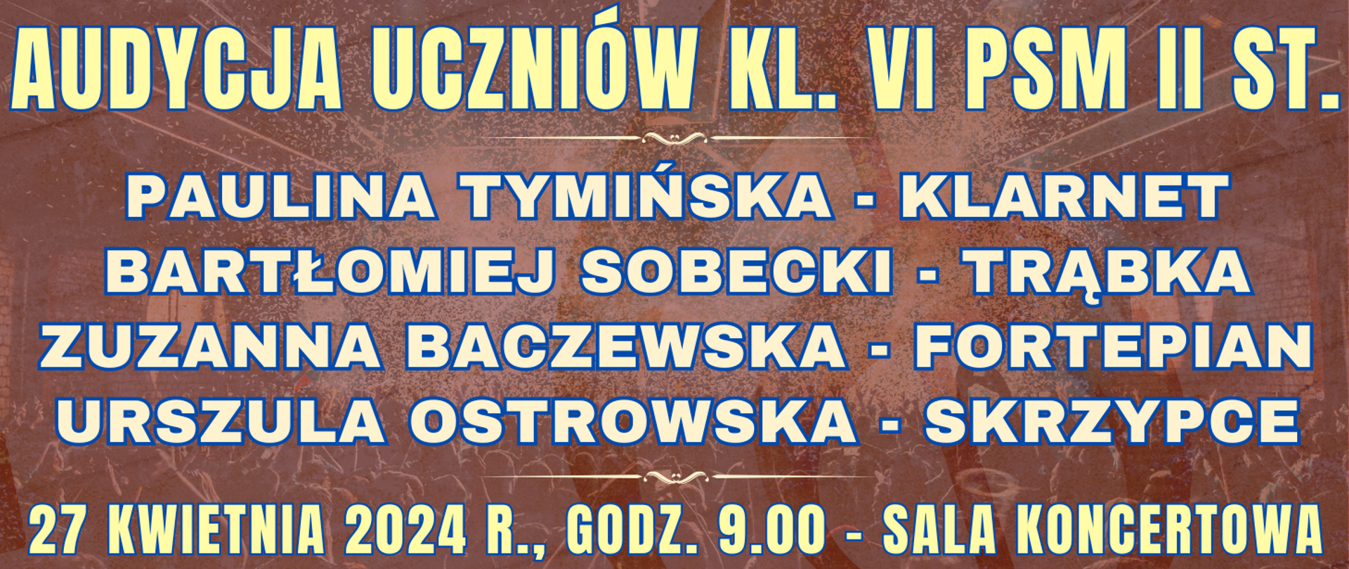 ciemne tło z półprzezroczystą publicznością na koncercie oraz informacja o wydarzeniu
