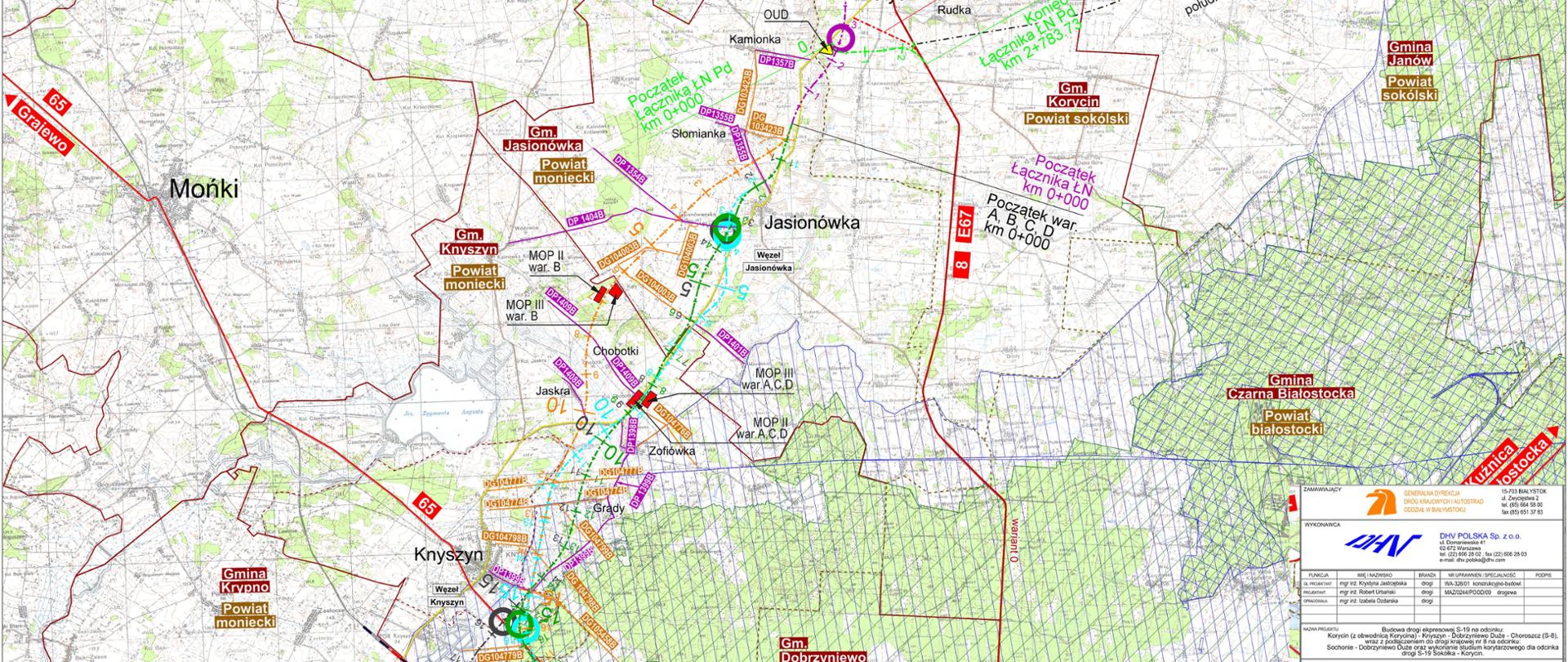 Mapa z przebiegiem dróg Knyszyn - Korycin