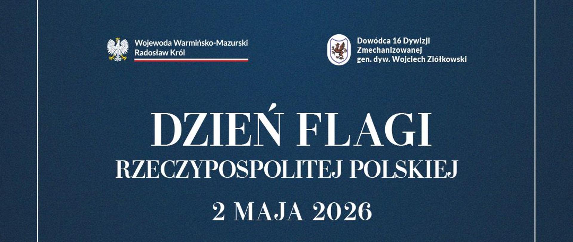 Plakat przedstawiający 2 biało-czerwone flagi na granatowym tle 