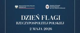 Plakat przedstawiający 2 biało-czerwone flagi na granatowym tle 