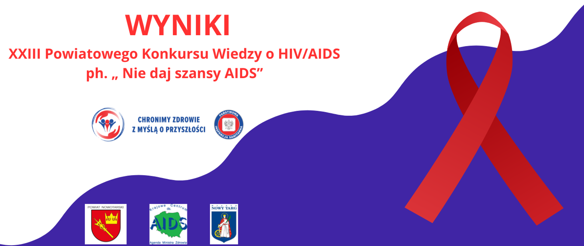 Napis - Wyniki XXIII Powiatowego Konkursu Wiedzy o AIDS „ Nie daj szansy AIDS” – rok szkolny 2025/2026 oraz czerwona wstęga na biało niebieskim tle
