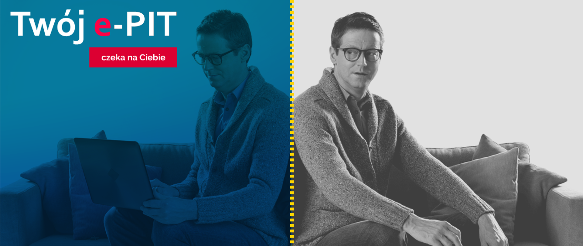 Zdjęcie podzielone na pół. Na jednej stronie mężczyzna z laptopem na drugiej bez laptopa. 