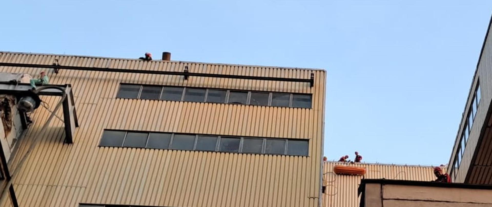 Zdjęcie przedstawia jeden z epizodów krajowych ćwiczeń ratowniczych pk. „ELEKTROCIEPŁOWNIA 2022” dot. ewakuacji osób poszkodowanych z budynku elektrociepłowni przez odpowiednio zabezpieczonych i wyposażonych ratowników wysokościowych m.in. ze Specjalistycznej Grupy Ratownictwa Wysokościowego „Gołdap”