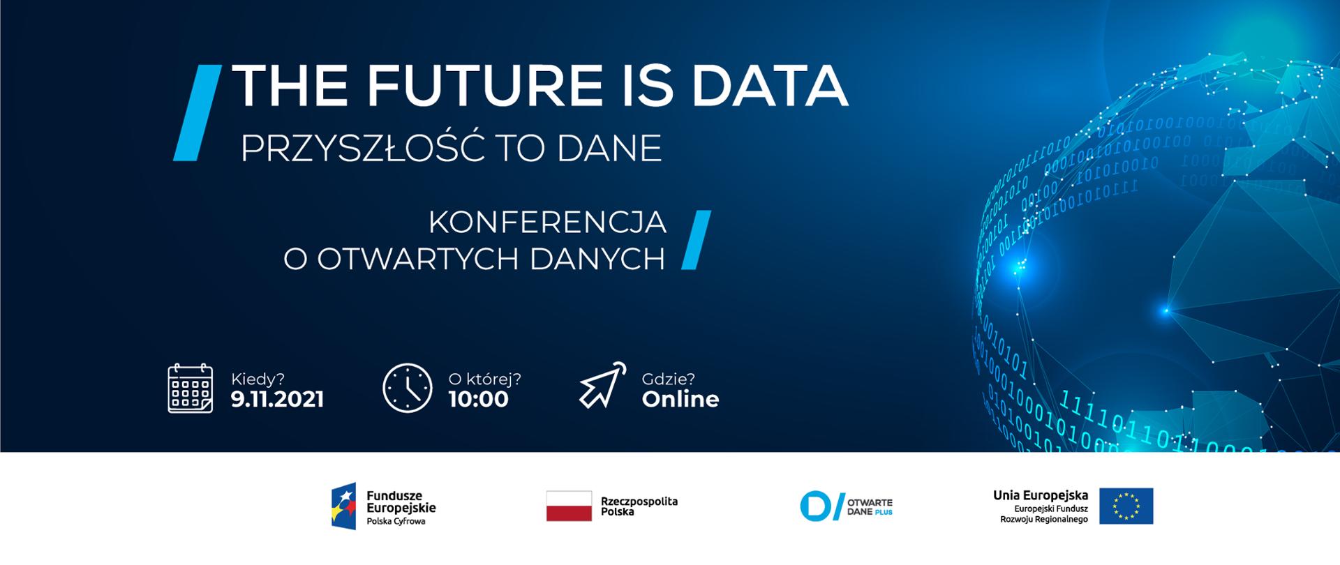 Grafika z tekstem na granatowym tle. Tekst: The future is data. Przyszłość to dane. Konferencja o otwartych danych. Kiedy? 9.11.2021,, O której? 10:00, Gdzie? Online.