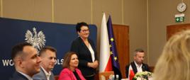 Wizyta delegacji niemieckiej w Opolskim Urzędzie Wojewódzkim. Na zdjęciu widać Wojewodę Opolskiego Monikę Jurek w trakcie przemówienia. 