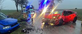 Na zdjęciu uszkodzone samochody osobowe. Koło pojazdów dwóch strażaków w umundurowaniu specjalnym, którzy usuwają skutki zdarzenia. W tle samochody strażackie.