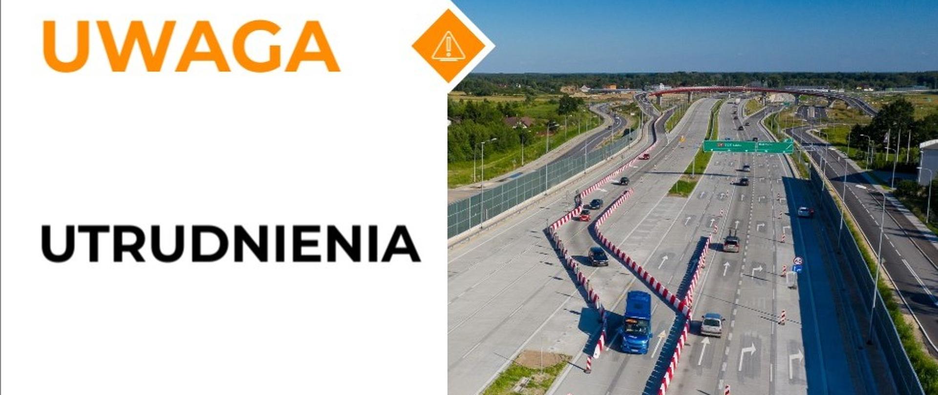 Grafika informacyjna GDDKiA o utrudnieniach w ruchu. Po prawej stronie widoczna jest wielopasmowa droga szybkiego ruchu, na której tymczasowe bariery wyznaczają zmienioną organizację ruchu. Drogą poruszają się samochody osobowe i ciężarowe. Po lewej stronie znajduje się napis „UWAGA – UTRUDNIENIA” oraz numer informacji drogowej „19 111”.