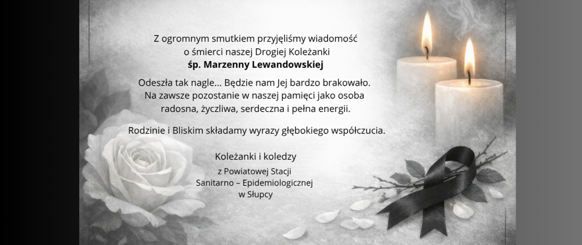 kondolencje z powodu śmierci koleżanki z pracy w szarych kolorach, dwie białe, palące się świece i biała róża, czarna wstążeczka. 